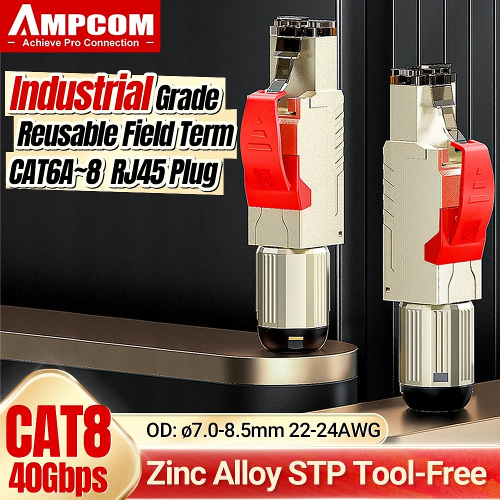 AMPCOM RJ45 Connector, CAT8 STP Tool Free Shielded Modular Plugs CAT7 CAT6A Zinc Alloy Field Termination Plug 40Gbps 2000Mhz