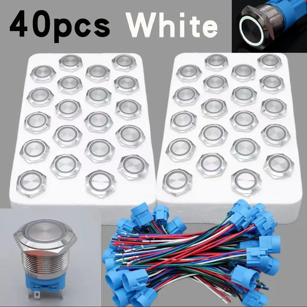 40pcs 22mm Push Button Switch Latching Momentary Metal PC Power LED Light On Off with Wire Waterproof 12v 3v 5v 6v 24v 220v Red