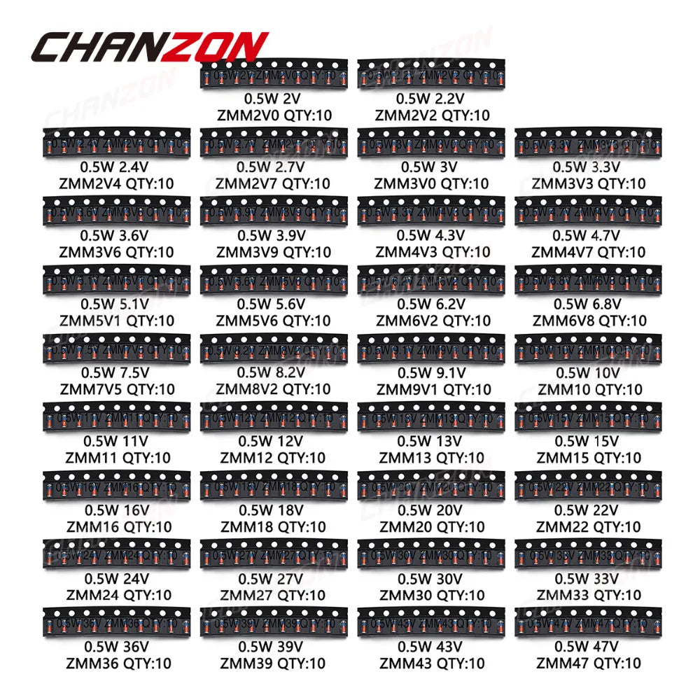 34 Values 0.5W SMD Zener Diode Assorted Kit 2V 3V 3.3V 3.6V 5.1V 5.6V 7.5V 10V 12V 13V 15V 16V 18V 20V 22V 24V 30V 36V 39V 47V