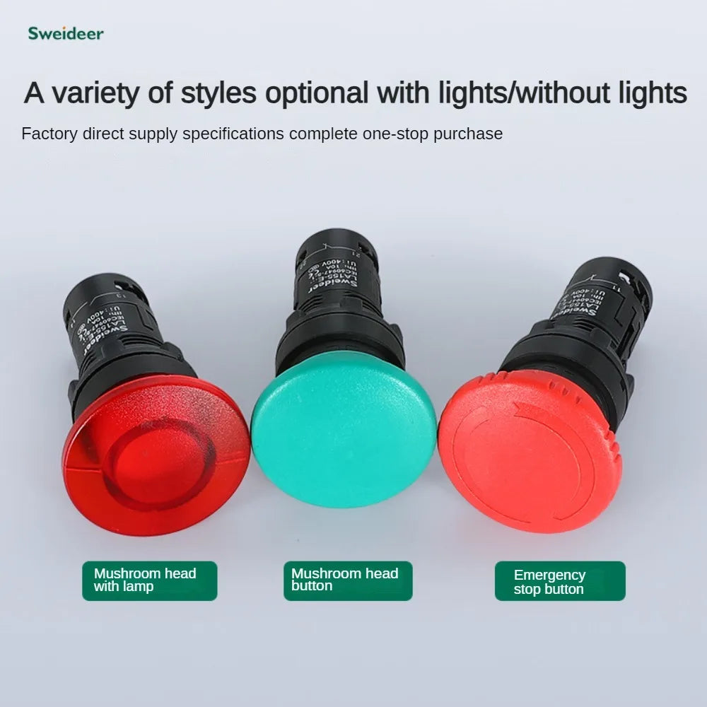 22mm Mushroom Button Switch Momentary Self Reset Emergency Stop Push Button Switch Power Start Switch with Light Red Green 5A