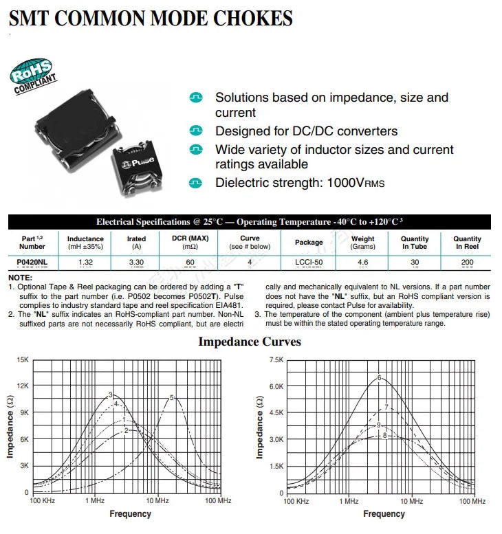 2pcs P0420NLT SMT Common Mode Choke Coil Inductor Filter Inductance 1.32MH 3.3A Switching Power Supply DC Converter