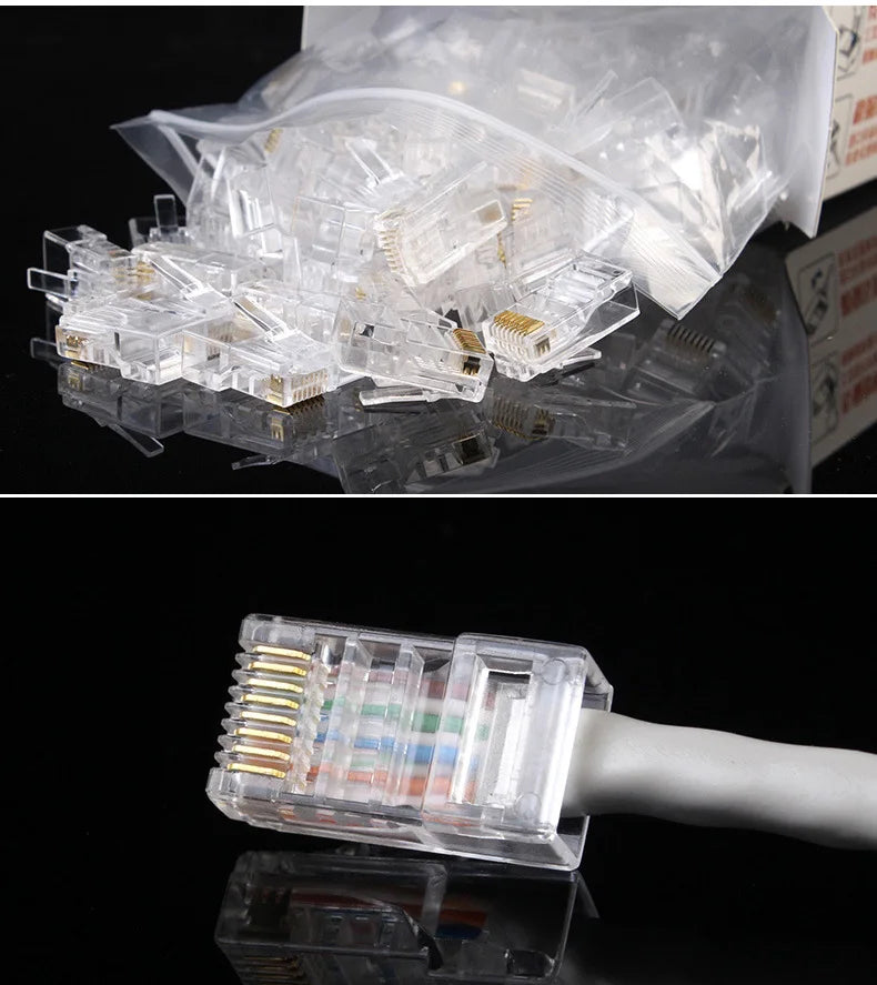 RJ45 Connector Pass Through CAT6 CAT5E Modular Plug Network Ends UTP 3U 50u Gold Plated 8P8C Crimp End for Ethernet Cable