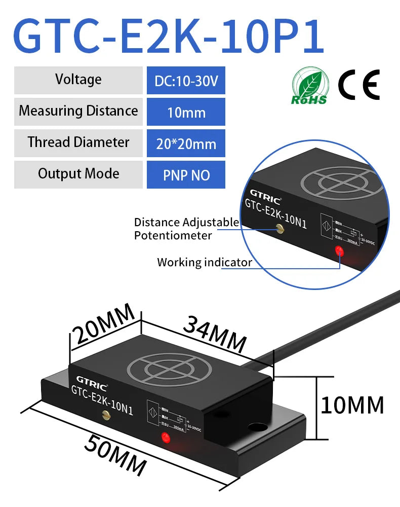 GTRIC E2K Series Proximity Sensor Matrix Capacitive Switch 10-30V DC 3-wire NPN PNP Sensing Distance 10mm Adjustable
