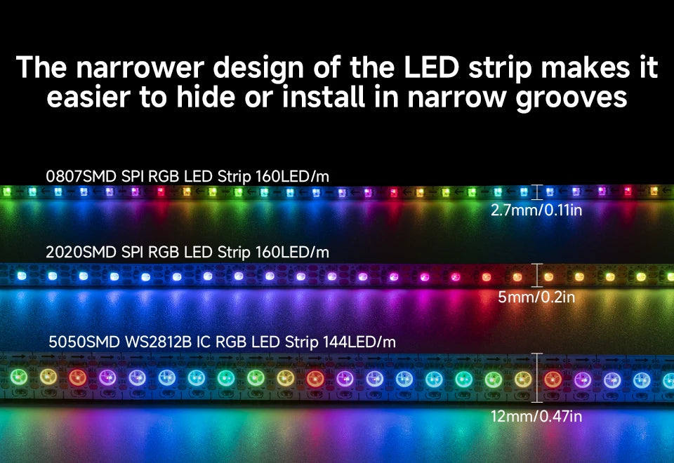 WS2812B RGB LED Light Strip 160 LEDs 2.7mm 5mm WS2812 Lights 0807 2020 Individually Addressable Smart Pixels Magic 5V 12V IP30