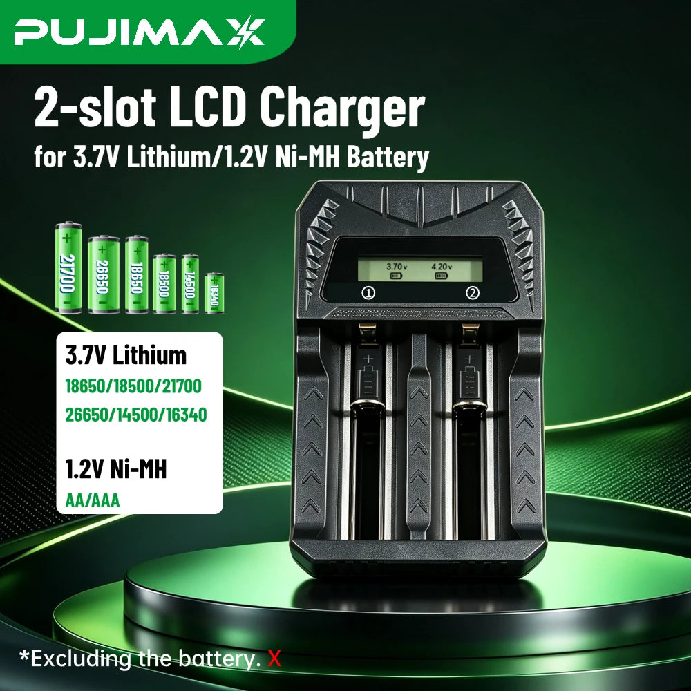 PUJIMAX 2-Slot LCD Battery Charger with Type-C For 18650 21700 26650 14500 16340 3.7V Lithium AA AAA 1.2V Ni-MH NiCd Battery