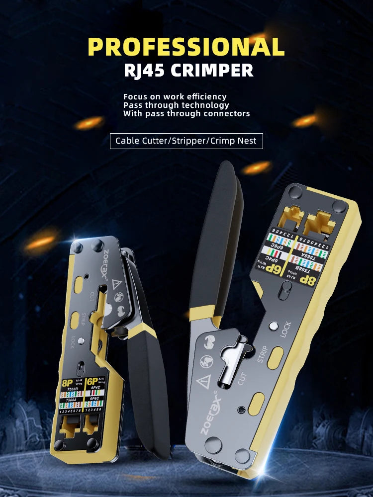 ZoeRax RJ45 CAT6 Crimp Tool Pass Through Crimper Cutter for Cat6 Cat5 Cat5e 8P8C Modular Connector Ethernet All-in-one Wire Tool