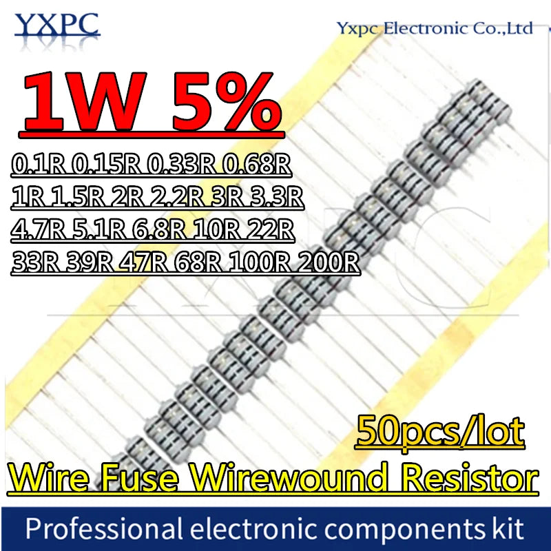 50pcs 1W 5% Wire Fuse Wirewound Resistor 0.1R~200R 0.15R 0.33R 0.68R 1R 1.5R 2R 2.2R 3R 3.3R 4.7R 6.8R 10R 22R 33R Resistance