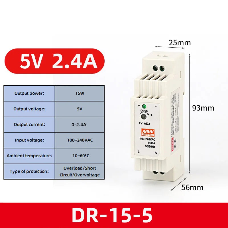 DR-60W Output 5V 12V 15V24V DIN Rail Switching Power Supply 24V DC 220V to 12V Transformer 5V Module Power Supply Box