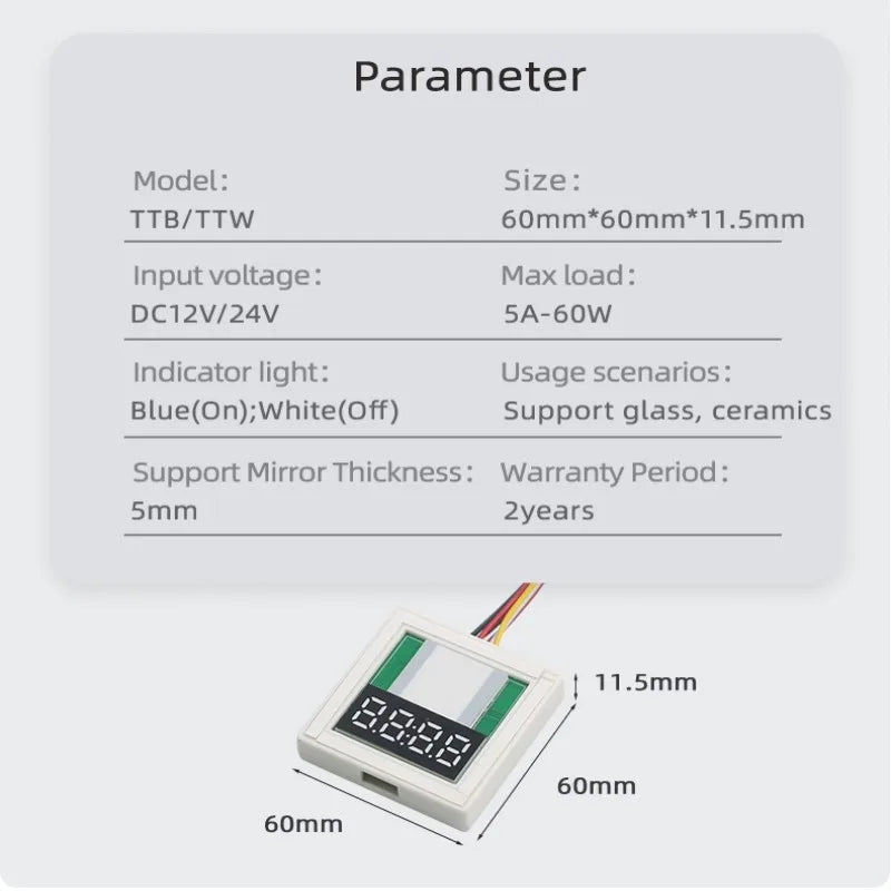 DC12V Touch Dimmer 5A 60W Single-Button Touch Time and Temperature Display LED Sensor Switch, Suitable for Bathroom Mirrors