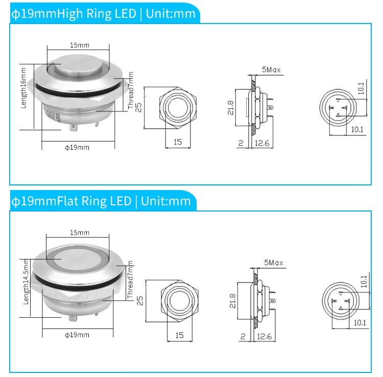 12mm 16mm 19mm 22mm Ultra-short Style Microtravel Stainless Steel Push Button Switch Led Lamp Self-reset/Momentary Normal Open