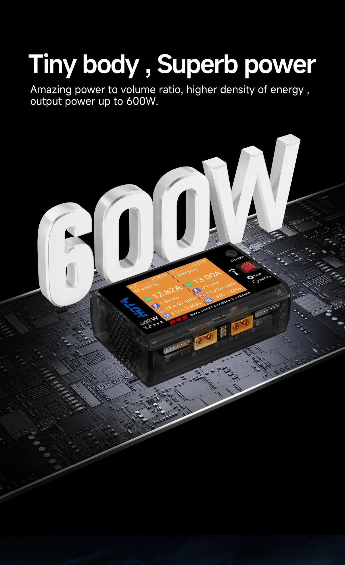 HOTA D6S RC Lipo Battery Charger Magnetic Suction Dual Channel Smart Balance 600W High Power 1-6S Smart Balance Charger