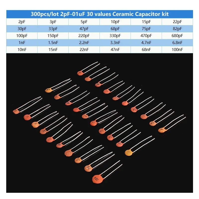 300PCS Ceramic Capacitor Set Pack 2PF-0.1UF 30 Values*10pcs Capacitor Assorted Kit