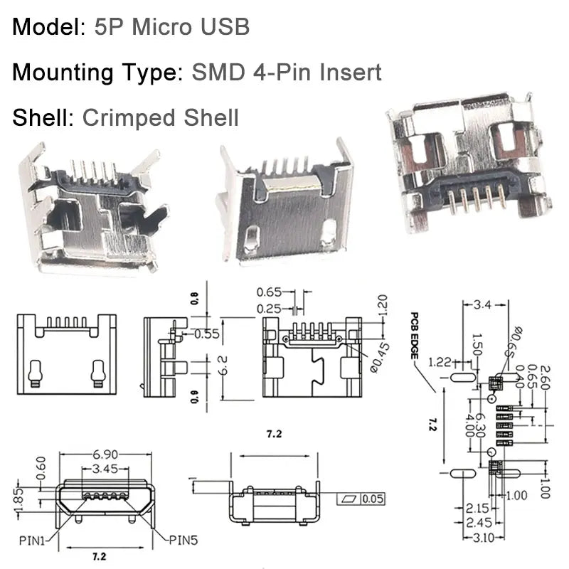 100/1000PCS Micro USB Android Female Charging Socket, Flat Edge Crimped Type, 5Pin, 4 Mounting Pins, SMD & DIP Tail Connector