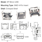 100/1000PCS Micro USB Android Female Charging Socket, Flat Edge Crimped Type, 5Pin, 4 Mounting Pins, SMD & DIP Tail Connector