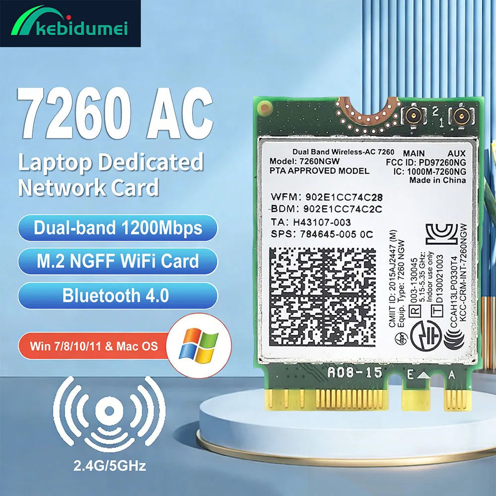 Kebidumei 7260 AC Bluetooth 4.0 WiFi 1200Mbps Wireless M.2 NGFF Wifi Network Card 802.11AC Dual Band 2.4G 5G For Laptop 7260NGW