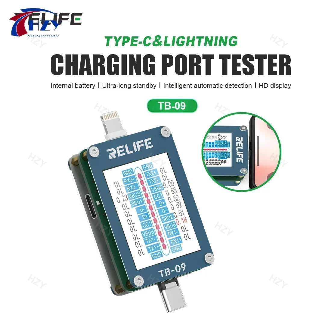 RELIFE TB-09 Tail Plug Detector Lightning Type-C Interface Charging Port Tester High-definition Display Mobile Phone Diagnosis