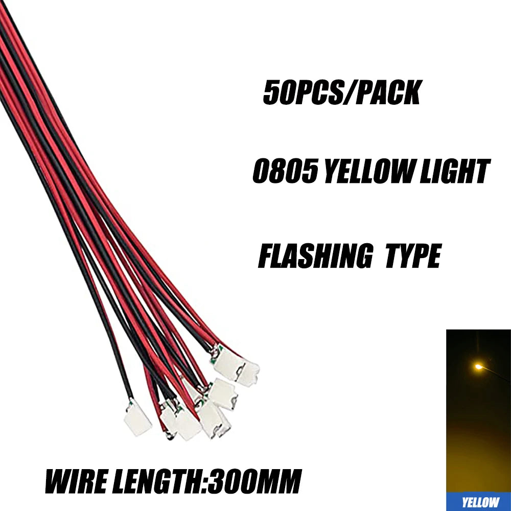 50pcs 0805 FLASHING LED SMD Lamp Wired Micro Litz Led Pre-Soldered Chip Wired 3V Railway Model Toy Light DIY Leads Wires 30cm