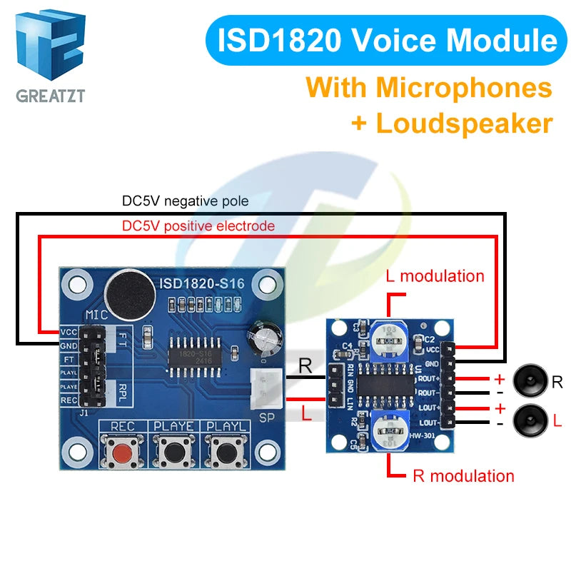 GREATZT ISD1820 recording module voice module the voice board telediphone module board with Microphones + Loudspeaker