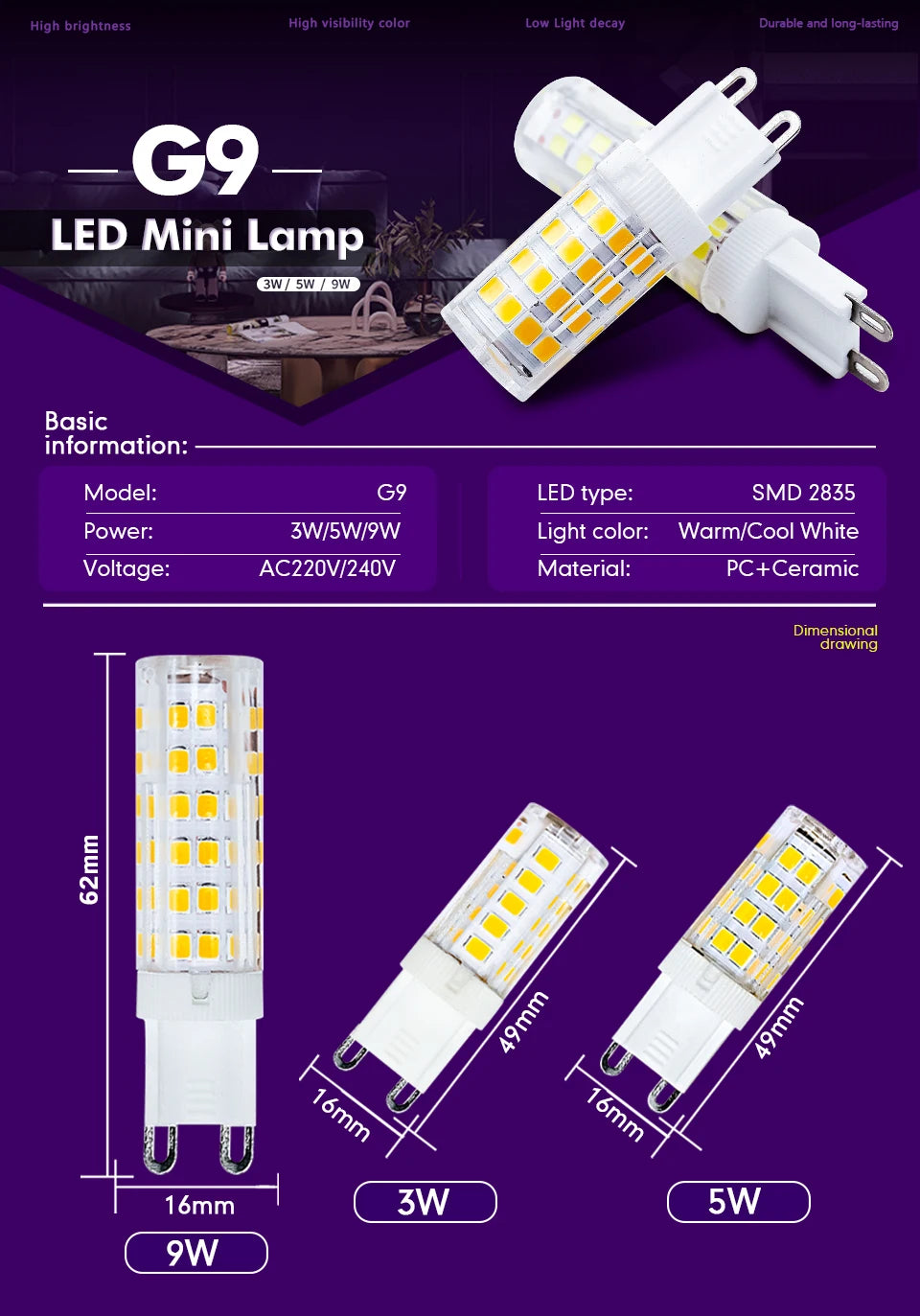 10pcs Super Bright G9 LED Lamp AC220V 7W 9W 12W 15W Ceramic SMD2835 Led Bulb Warm/Cool White Spotlight Replace Halogen Light