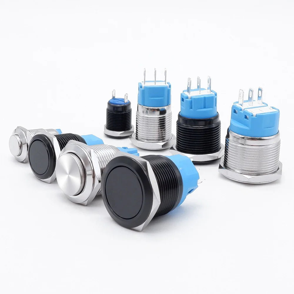 12 16 19 22mm Metal Push Button Switch Press Button Flat High Head 1NO 1NC Momentary Self Reset Locking Latching Black Switch