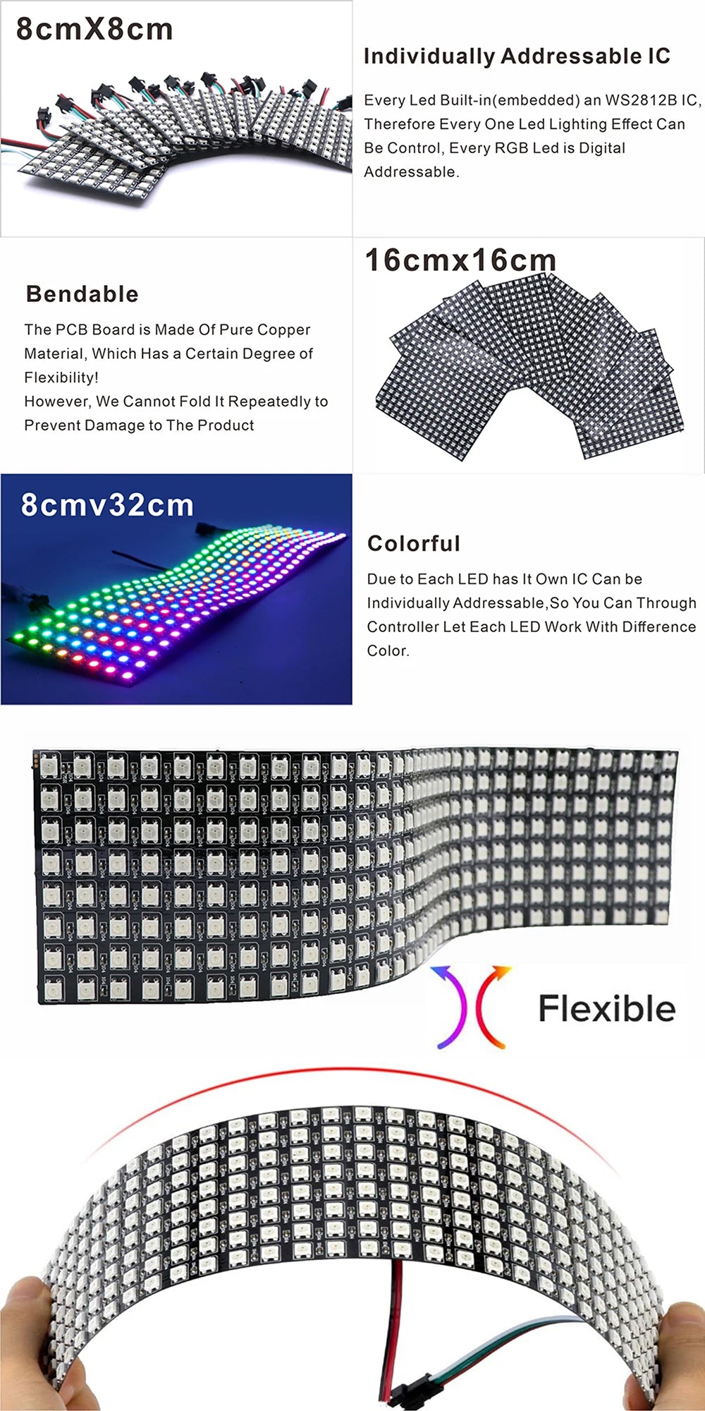 WS2812B RGB 4x12, 8x8, 16x16, 8x32 Pixel Display Screen. WS2812B, Individually Addressable, Digital Flexible Programmable, 5V.