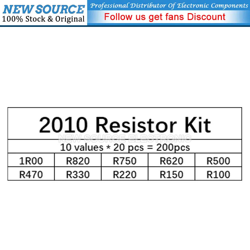 (200pcs) 2010 SMD Resistor 1% 1R00 R100 R620 R470 R330 R220 R820 Ohm Assorted Kit 10ValuesX20PCS