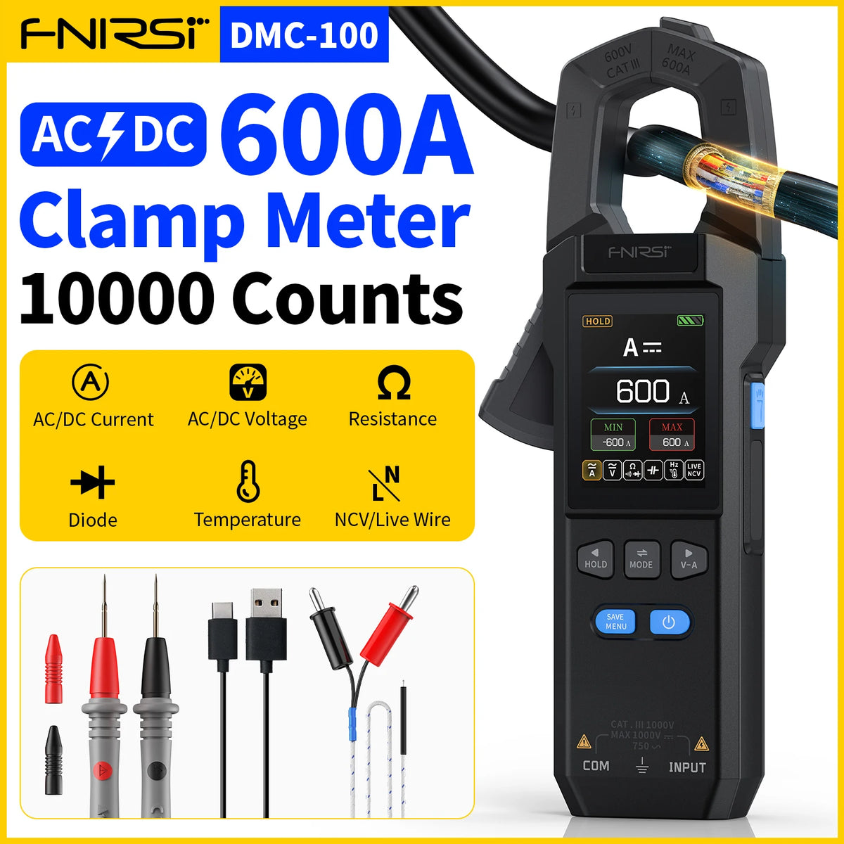 FNIRSI DMC-100 DC AC Current Clamp Meter 10000 Counts Digital Multimeter USB Charger 600A Amperimetric Clamp Electrician Tools