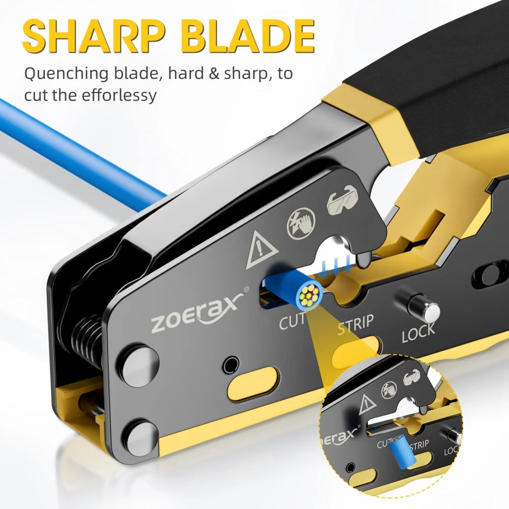 ZoeRax RJ45 Crimping Tool Pass Through Crimper for Cat6/5e/5 Ethernet Connector All-in-one Wire Tool With Replacement Blade