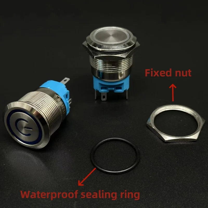12 16 19 22MM Metal Button Switch LED Light Waterproof Momentary  Self-Locking Car Engine Power Supply 5V 6V12V24V 220V Red Blue