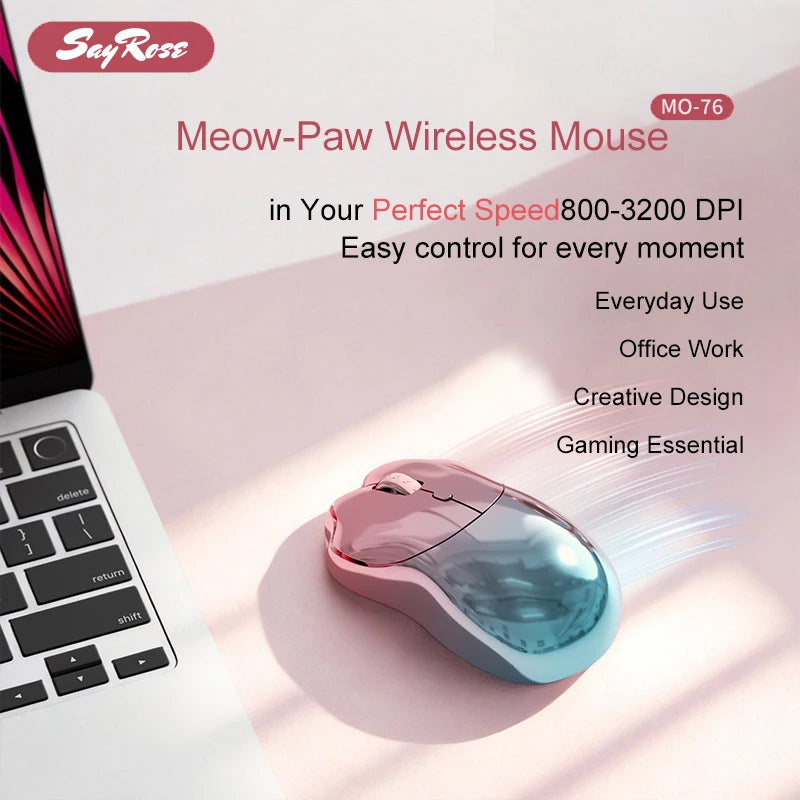 SayRose MO‑76 Cute Cat Paw Wireless Mouse 2.4G Bluetooth 5.0 Dual Mode 4‑Level DPI 800‑3200 Rechargeable Type‑C Mice for Laptop PC Mac Office Girl Gift