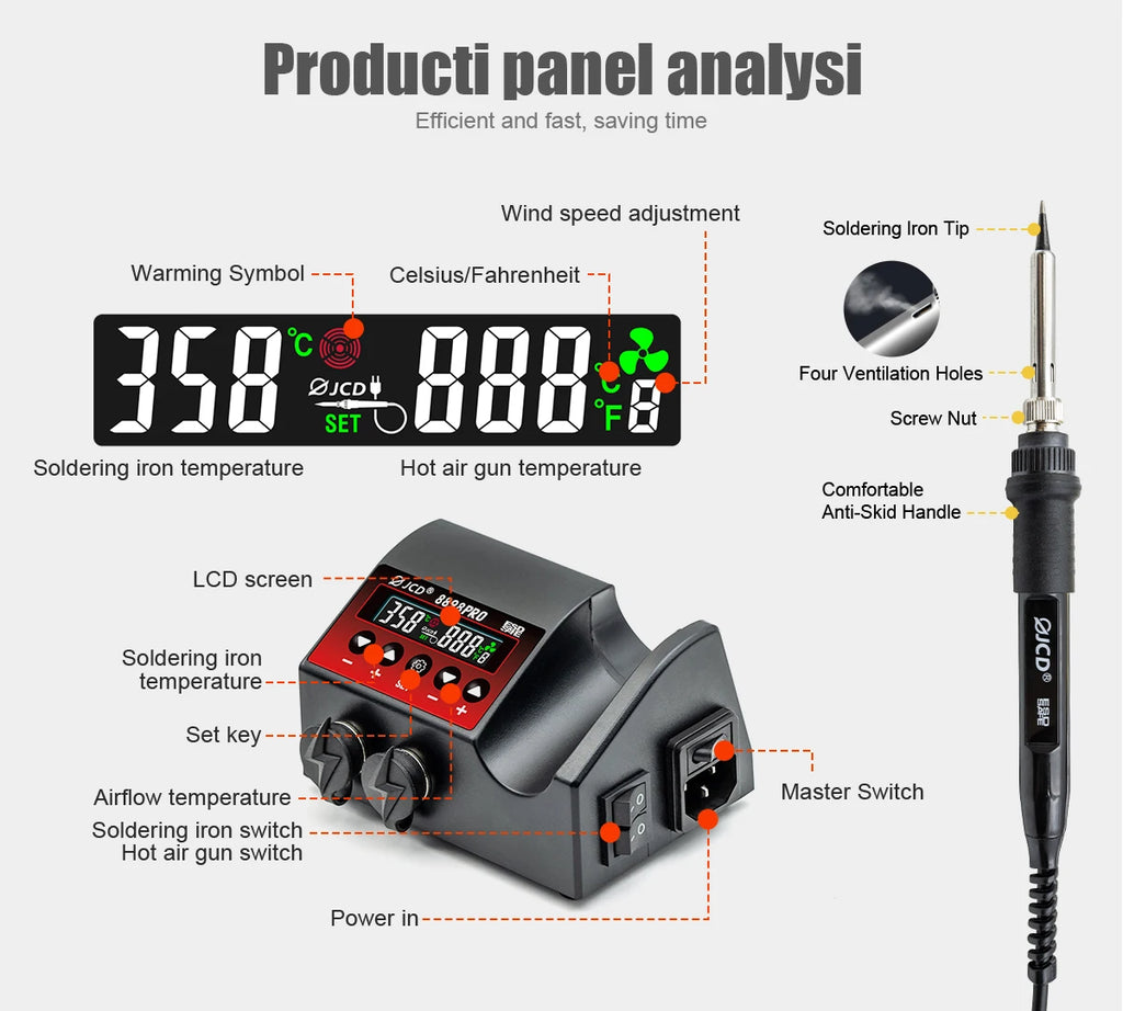 JCD 8898 Soldering Station 2 In 1 Soldering Iron Hot Air Rework Welding Station with Sleep Mode For BGA PCB IC SMD Repair Tools