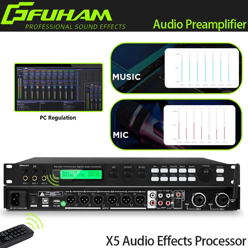 FUHAM Professional Digital X5 Preamp Effects Processor KTV Reverb Suppression Anti-Howl Bluetooth Audio Processor