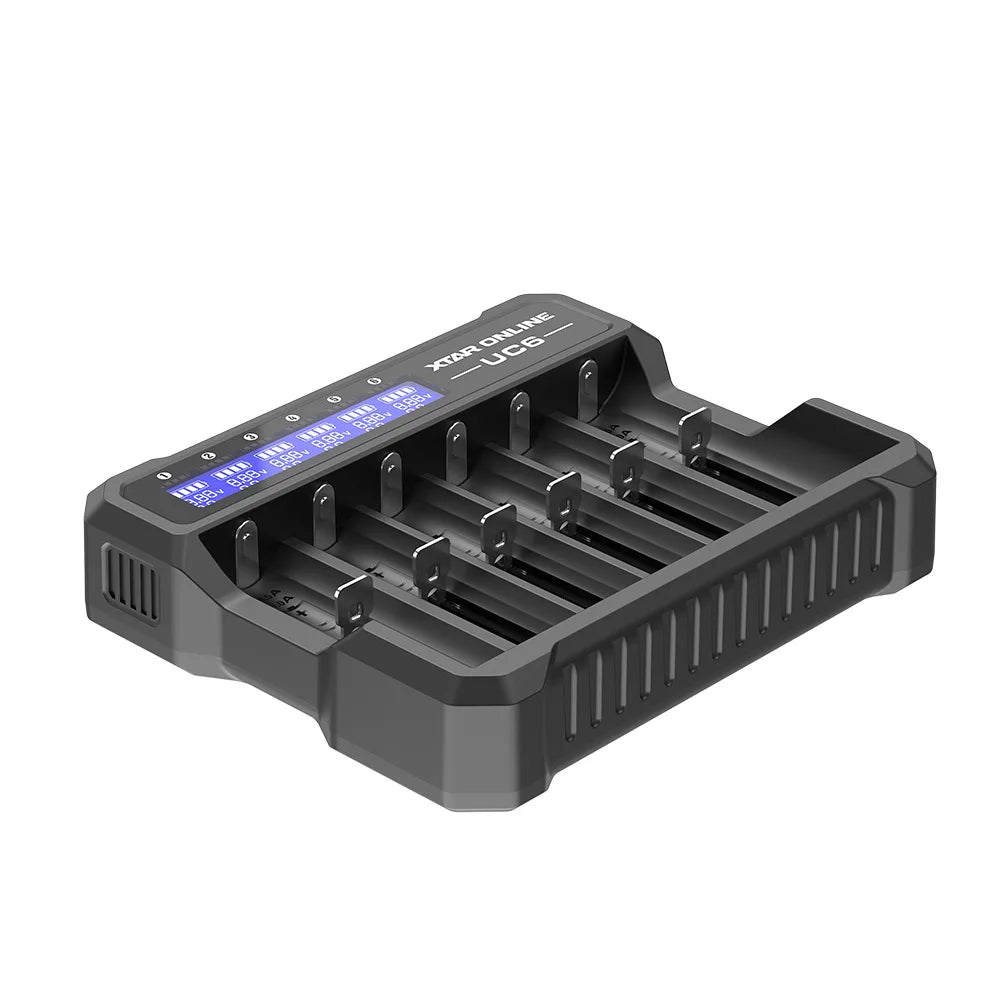MC6C 6-Slot Independent Charger LCD Display for Li-ion Ni-MH USB-C Input 0V for 21700 18650 Li Battery AA AAA Battery Activation