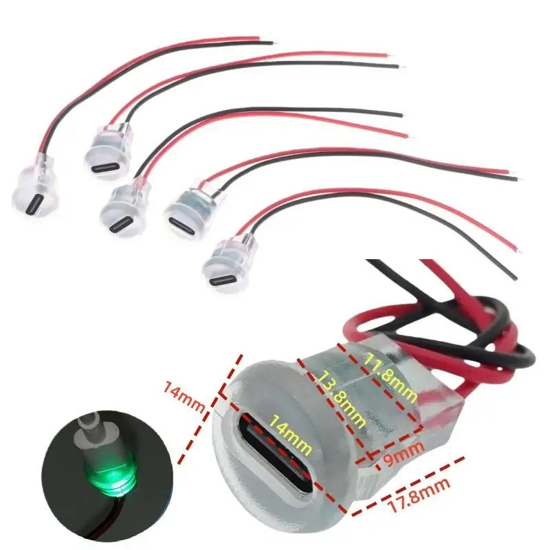5/10Pcs Transparent 2Pin Waterproof USB-C Female Charging Socket With LED Light Type-C Power Input Connector