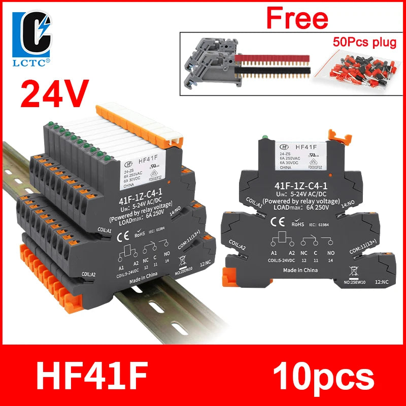 10pcs Slim Relay 5V 12V 24V DIN Rail Mounted Relay Moudle HF 41F SSR 30VDC 250VAC High Frequency Interface Relay With Led 6A