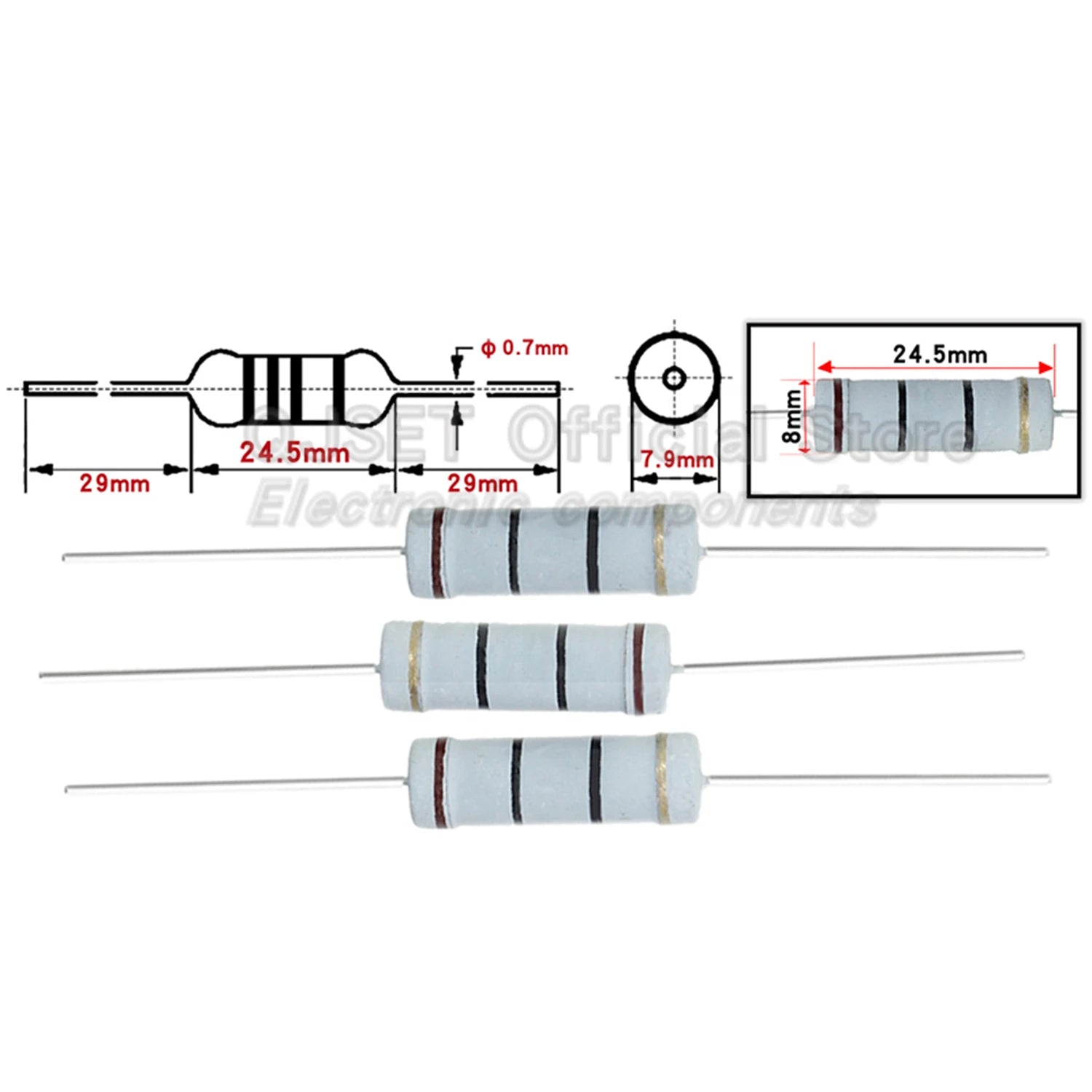 50Pcs 5W Carbon Film 4Color Ring Resistors 5% 5W 10R 20R 47 100 470 Ohm 1K 4.7K 10K 47K 100k 200k 470k Ohms Oxide Film Resistors