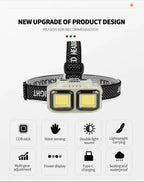 HOMEFISH COB LED Headlamp Induction USB Rechargeable Head Flashlight Powerful Work Light for Outdoors Camping Fishing