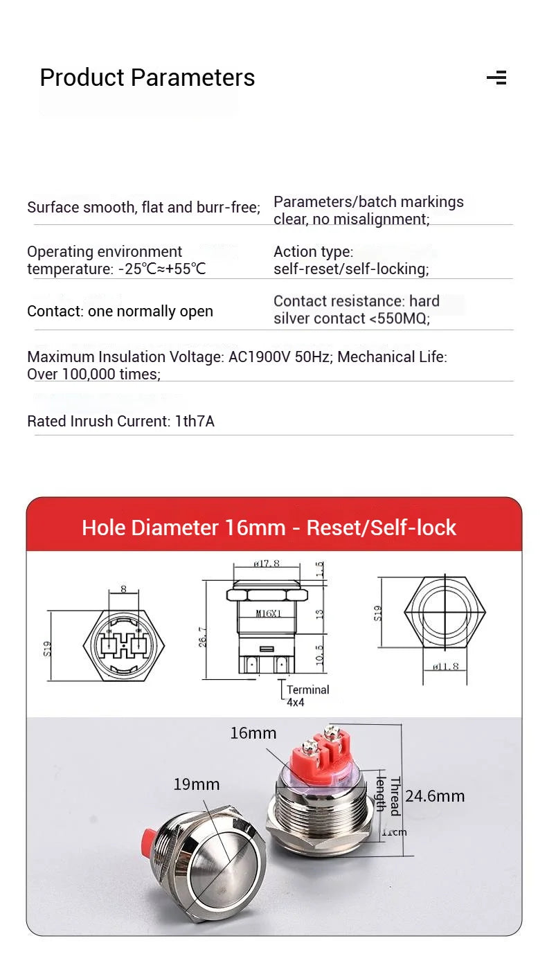 Push Button Switch Metal Screw Terminal Soldering 16/19/22mm Short 7A Latching Self-Locking/Reset LED Light 6/12/24/110/230V