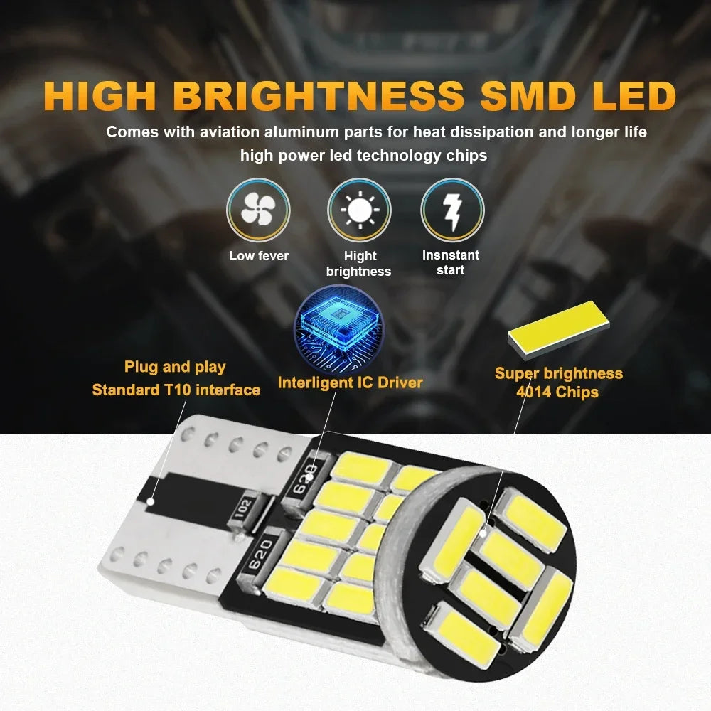 10Pcs T10 W5W 194 501 Led Canbus No Error Car Interior Light T10 26 SMD 4014 Chip Pure White Instrument Lights Bulb Signal Lamp