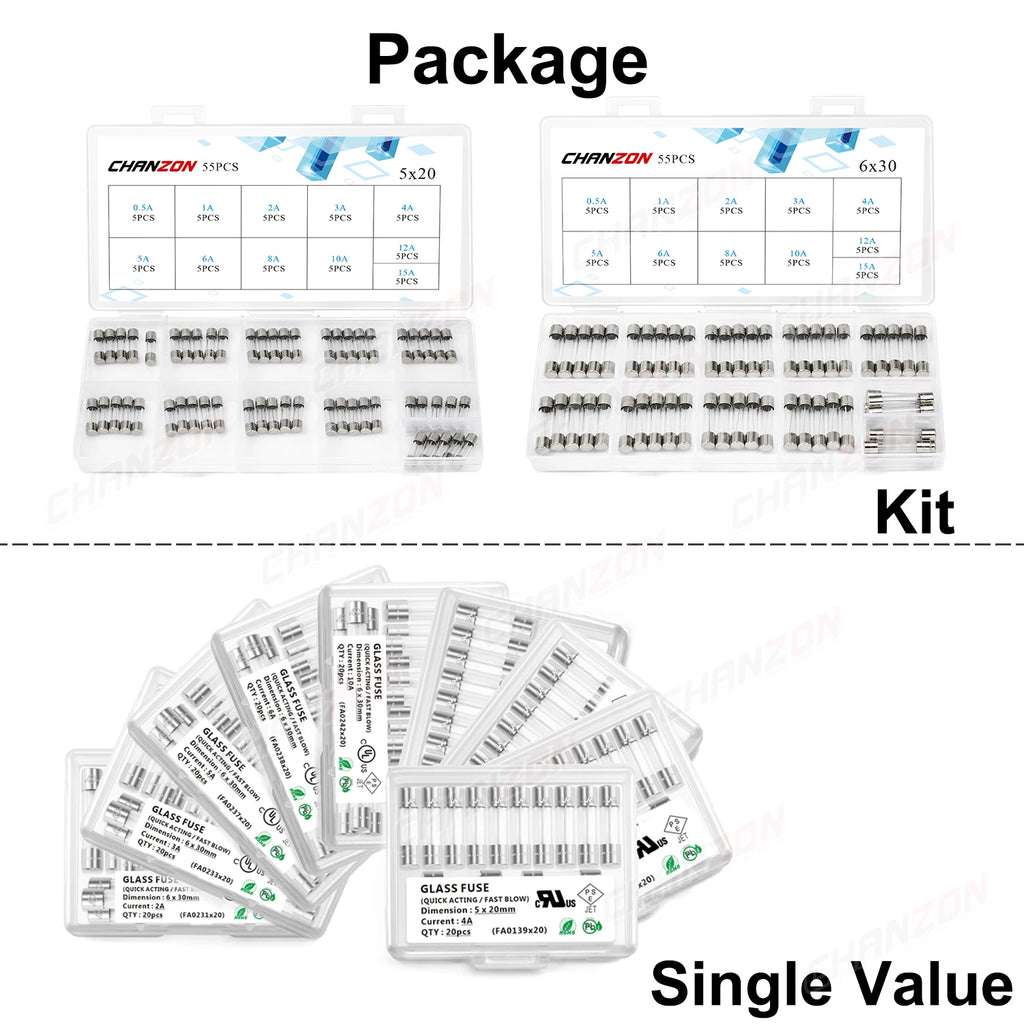 3.6x10 5x20 6x30 Fast Slow Blow Tube Glass Fuse Kit 0.5A 1A 2A 2.5A 3A 4A 5A 6A 6.3A 8A 10A 12A 15A 125V 250V 5x20mm Assortment