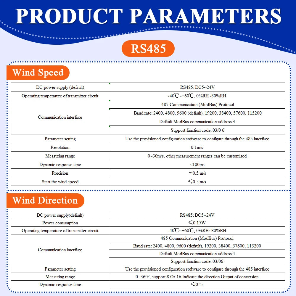 60m/s Weather Station Outdoor 3 Cup Anemometer Sensor Polycarbon Fiber Wind Speed Wind Direction Sensor Output RS485 4-20MA 0-5V