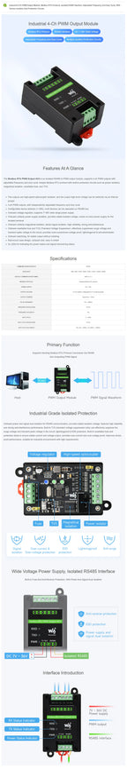 Waveshare Industrial 4-Ch PWM Output Module, Modbus RTU Protocol,RS485 Interface, Adjustable Frequency and Duty Cycle