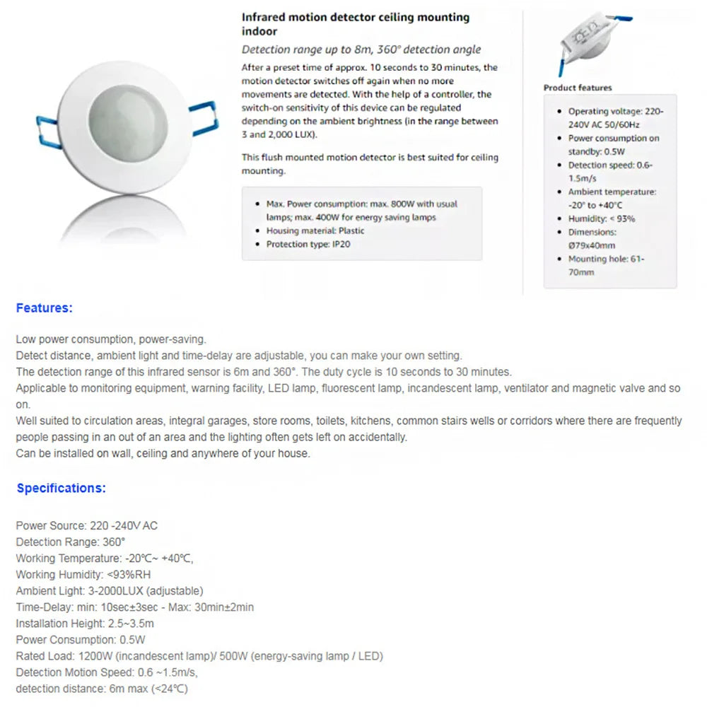 AC 220V-240V Human Body Infrared Sensor Switch 500-1200W LED Detector Smart Switches 3-200lux Adjustable Projection Light Sensor