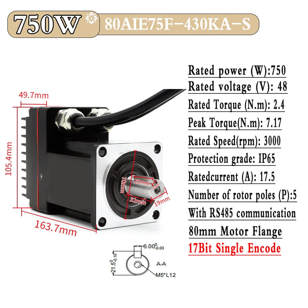 48V DC Servo Motor All-in-one Built In Drive 200-1000W Low Voltage 60/80mm Motor 17Bit Absolute Encoder 3000RPM With RS485