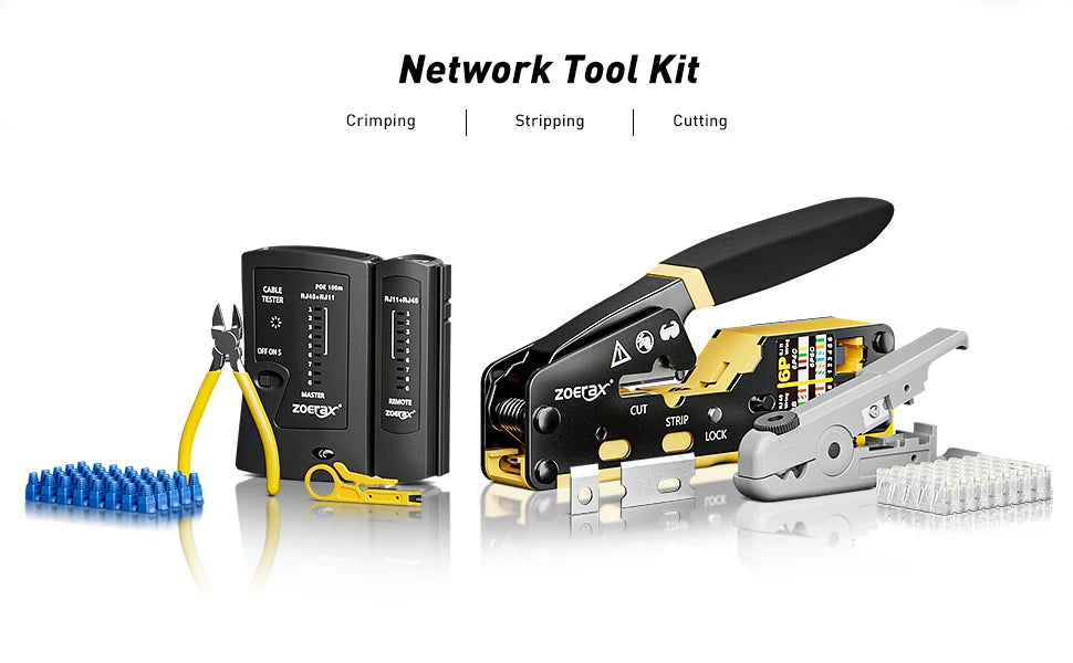 ZoeRax 8 in 1 RJ45 Crimp Tool Kit,Crimper tool,Cable Tester,Wire Cutter,Blades,50Pcs Cat 6 Connectors and Strain Relief Boots