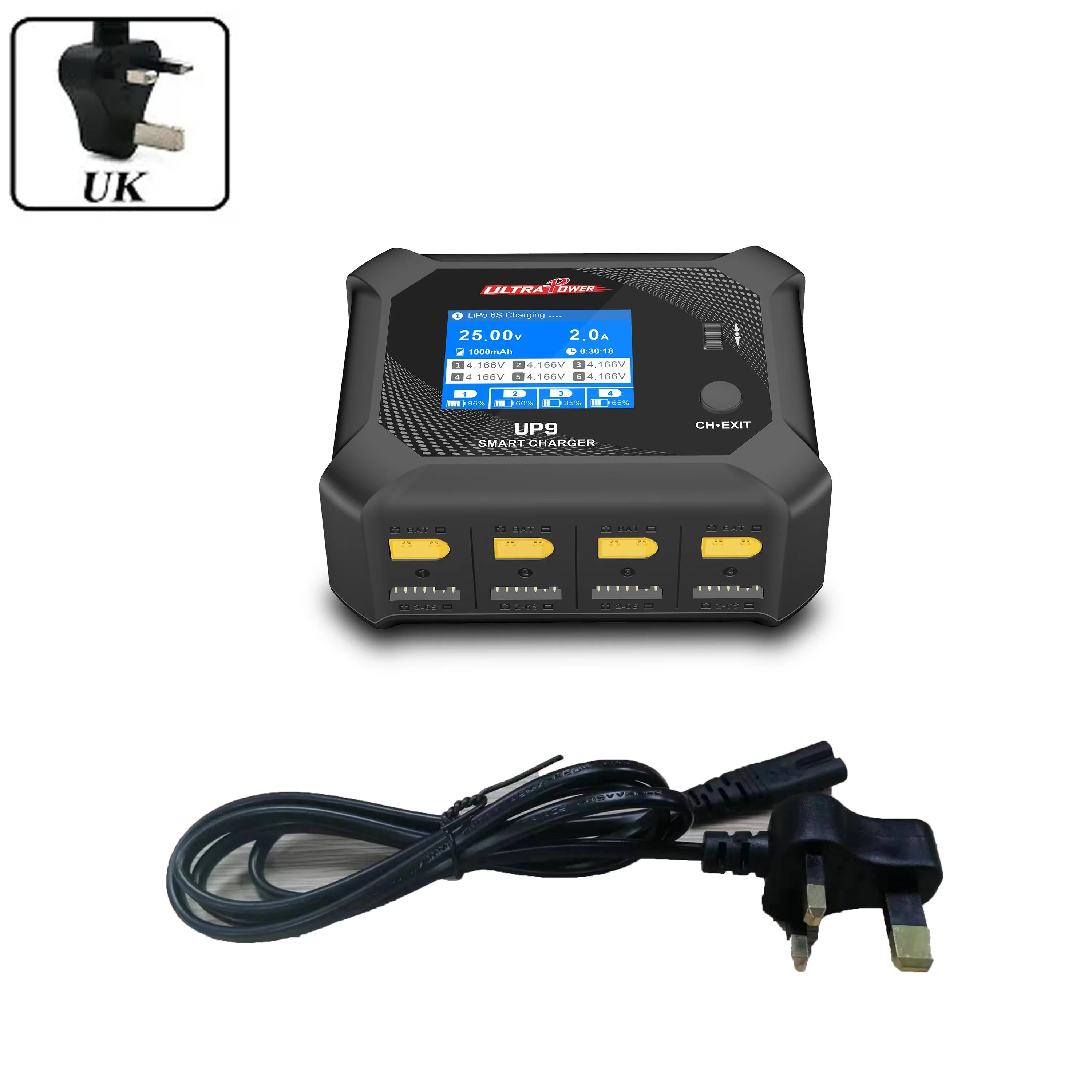 UltraPower UP9 Smart Balance Charger Discharger AC 100W DC 200W 4 Channel 4CH LCD for 1-6S Lipo LiHV Lilon LiFe NiMH Battery