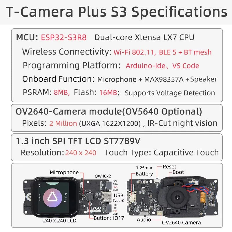 LILYGO T-Camera Plus S3 ESP32-S3 OV2640 development board 1.3 inch LCD microphone + MAX98357A + speaker kit ESP32-S3 camera