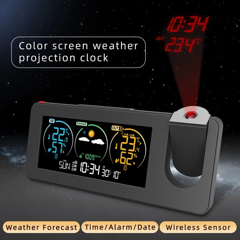 Digital Weather Projection Alarm Clock In/Outdoor Color Screen Temperature Humidity Meter Barometer Wireless Forecast Sensor
