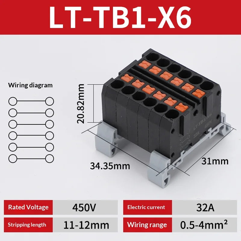 Push-in Terminal Block Multiple In Out Terminal Quick Connection of Wires Din Rail Wire Connector Universal Junction Box TB1-X6D