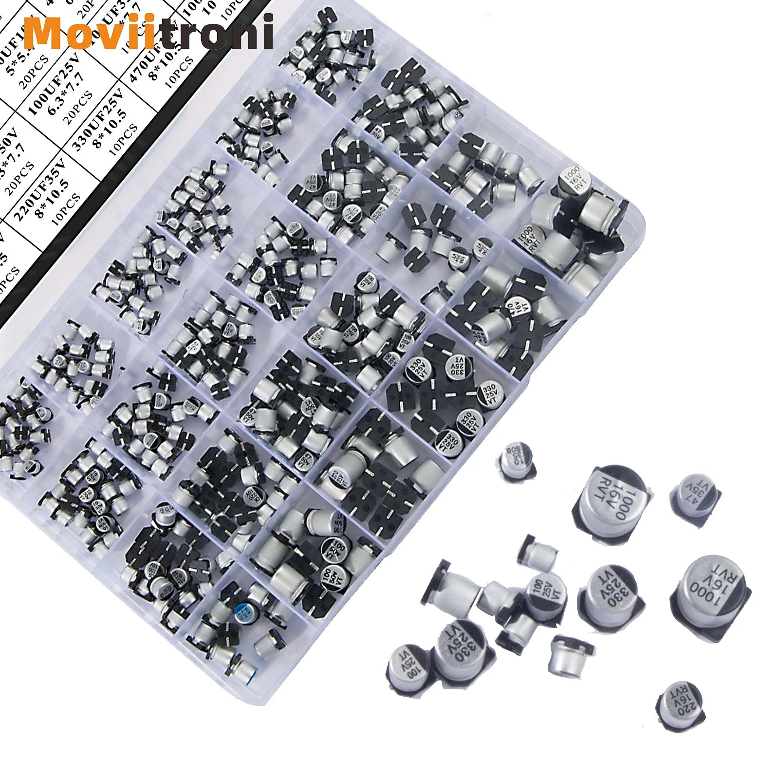 24Values Electrolytic Capacitors Assortment Kit SMD Bypass Low Frequency Aluminum with Storage Box 1uF - 1000uF